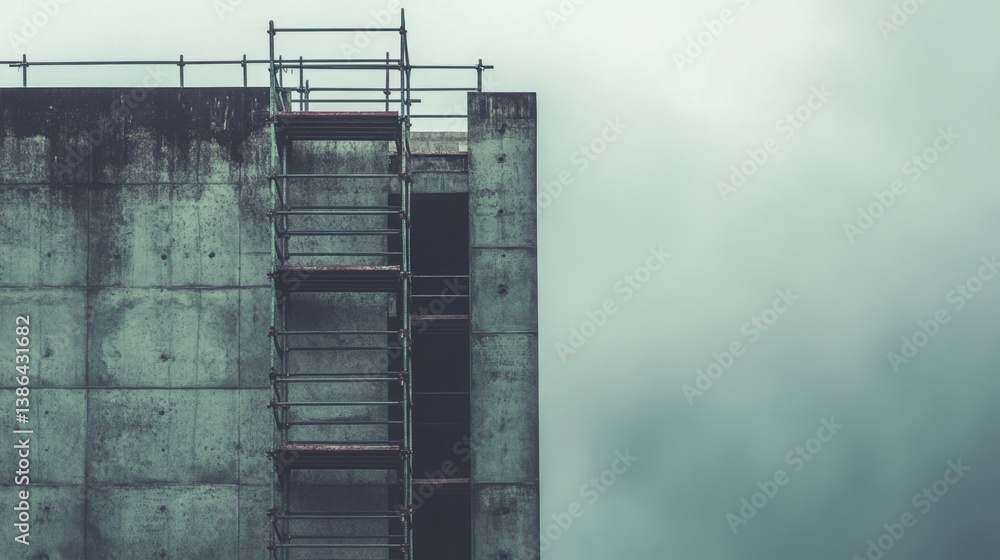 Poster dynamic perspective of scaffolding rising alongside a concrete building shell