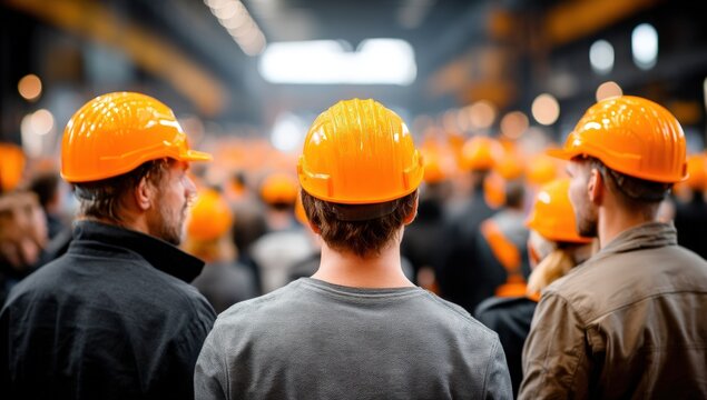 Workers in hard hats face away from camera, on factory floor with bokeh background