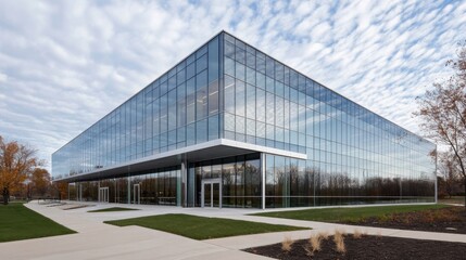 Obraz premium Exterior shot of a modern glass building reflecting the sky with clean, geometric lines and metallic accents