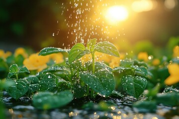Woman Watering Plants in Her Backyard Garden During Golden Hour