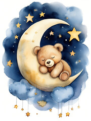 Cute Sleeping Teddy Bear On The Moon, Watercolor Illustration With White Background