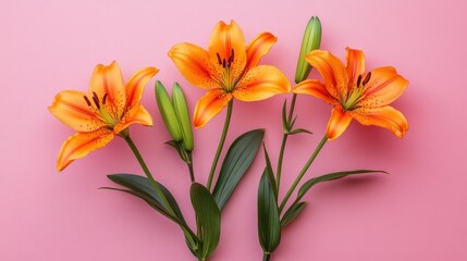 Orange lilies and green stems layered on muted pink background in flat lay composition
