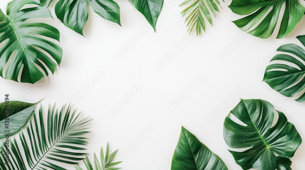 Poster pattern of overlapping palm and monstera leaves in a top-down view over a white background