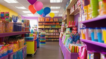 Colorful candy store interior with shelves full of treats, party supplies, and decorations.