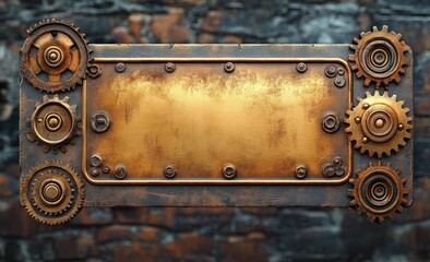 Steampunk aged brass metal nameplate with intricate gears industrial design vintage plaque frame label