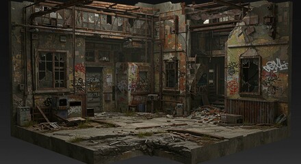 Desolate Urban Decay 3D Render of a Ruined Building Interior with Graffiti and Debris