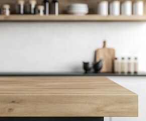 Minimalist kitchen with wooden countertop and blurred shelves in the background.