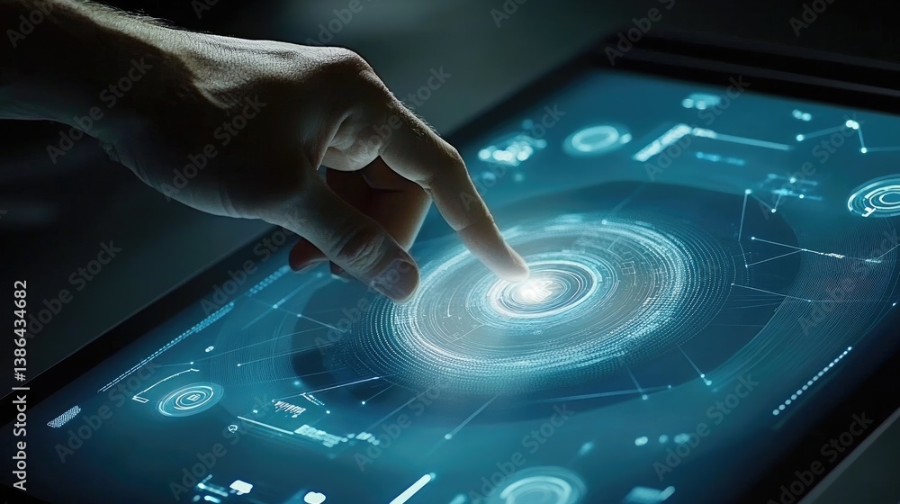 Poster robotic hand touching a glowing digital screen showing futuristic analytics