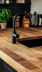 Modern kitchen with sleek, matte black faucet on wooden countertop.