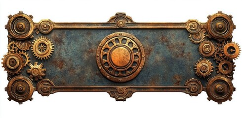 Ornate Steampunk Metal Nameplate with Antique Finish and Clockwork Gears