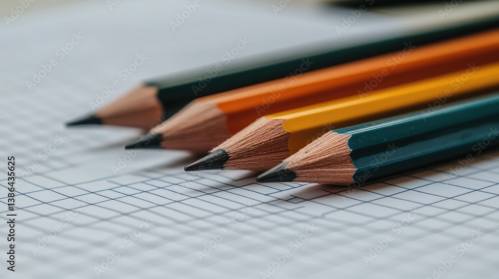 Poster set of sharpened pencils and erasers placed neatly on graph paper