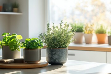 Fresh herbs growing in pots on a sunlit kitchen counter, creating a vibrant, natural atmosphere.