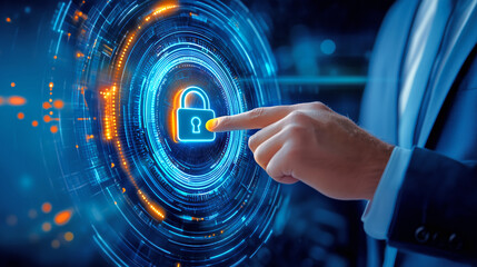 A business professional interacts with a glowing digital lock icon, symbolizing data protection and cybersecurity. The futuristic background highlights advanced technology in action
