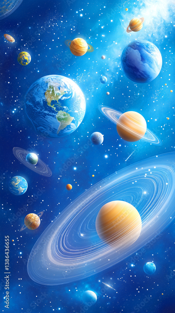 Poster numerous planets and stars populate a vast galaxy, showcasing vibrant colors and distinct features. 