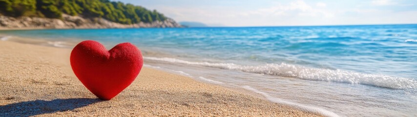 A red heart-shaped object on a sunny sandy beach with a calming ocean backdrop.