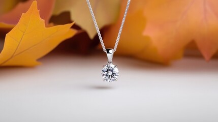Fototapeta premium A solitaire diamond pendant necklace hangs delicately. The clear, round diamond is prominently featured. Autumn leaves form a blurred backdrop. The image is crisp and well-lit, showcasing the jewelr