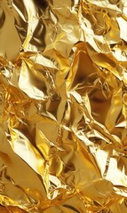 Close-up of crumpled golden foil reflecting light.