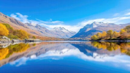 Fototapeta premium Serene autumn lake nestled amongst majestic mountains. Tranquil reflections on a clear, placid water surface. Vibrant fall foliage