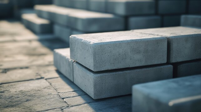 Pile of concrete blocks stacked on top of each other, with rough textures and edges visible