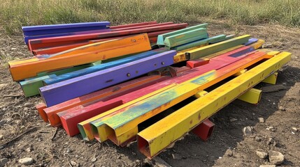 Pile of painted steel panels in varying colors stacked for a commercial building project