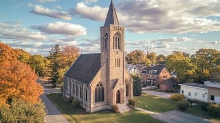 Autumnal church in a town setting, aerial view.