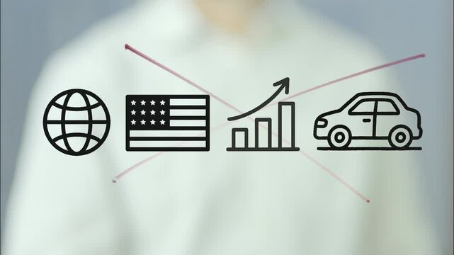 Businessman draws icons representing world trade, the united states, growing graph and a car, then crosses them out, symbolizing import restrictions
