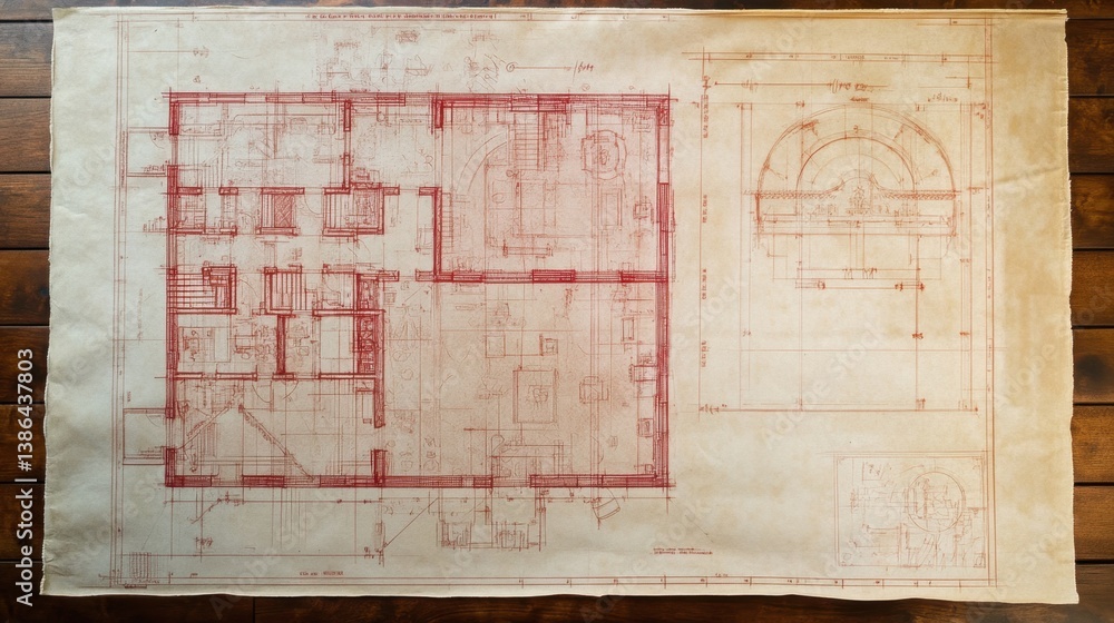 Aufkleber printed blueprint plans under transparent drafting overlays with additional sketches