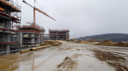 Rainy day at construction site with wet ground and idle equipment, overcast skies