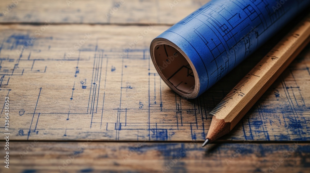 Poster rolled-out architectural blueprint on a wooden drafting table with a pencil and ruler beside it