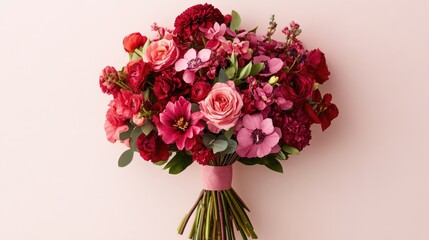 Naklejka premium Valentine-style flower bouquet featuring red and pink blooms on pale pink paper