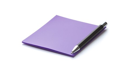 A stack of purple notepaper sits on a white surface with a black pen resting on top. Light reflects off the smooth paper and pen.