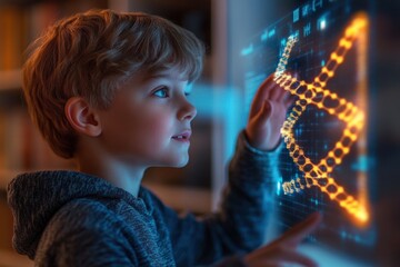 Young Boy Using VR Headset to Interact with Holographic DNA in Futuristic Classroom