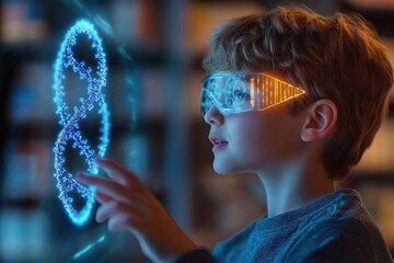 Boy in Futuristic Classroom Using VR Headset to Interact with 3D Holographic DNA in Interactive Education