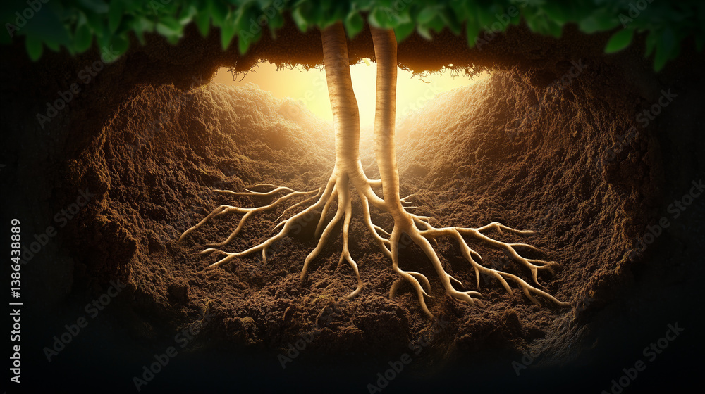 Aufkleber sunlight filters through the top of a cavern, illuminating the intricate roots of a tree nestled dee