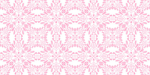 Lovely light pink vector hand drawn round shapes seamless pattern with decorative motif. Cute hearts, flower and leaves ornament print for textile design, wrapping paper, surface