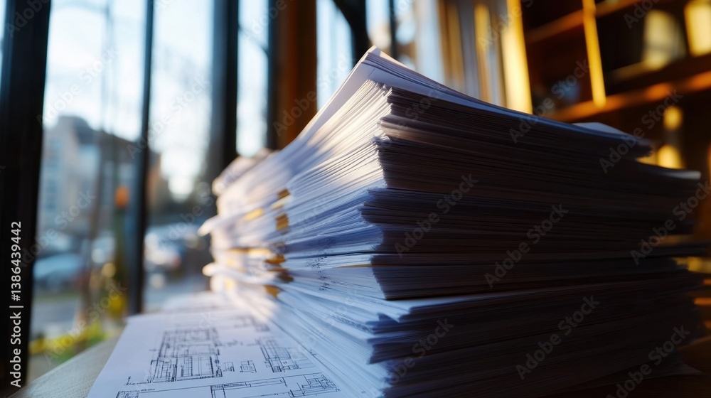 Poster stack of submitted blueprints stamped with approval and engineering seals