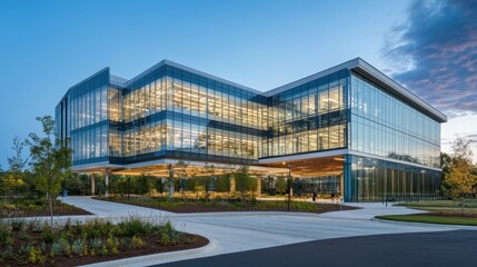 Naklejka premium Transparent skybridge connecting two glass office buildings with modern detailing