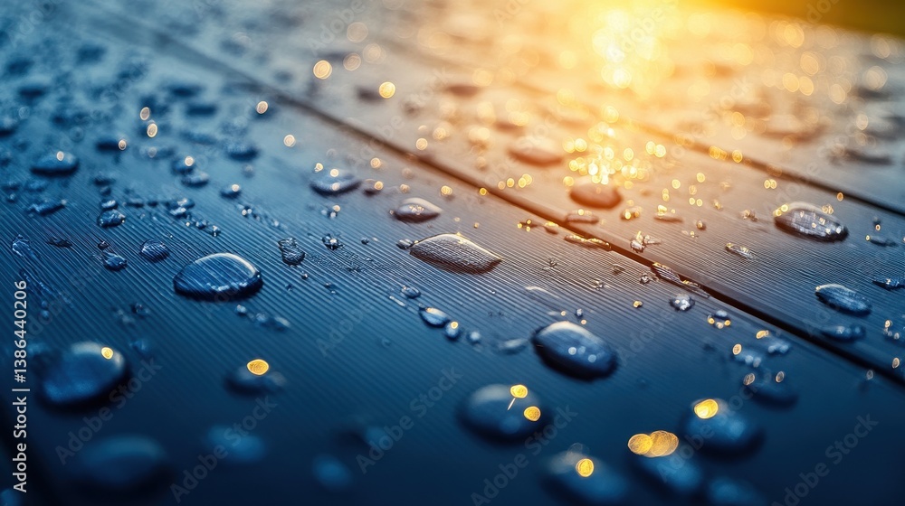 Poster dew drops glisten on a wooden surface as the sun sets in the background, creating a tranquil evening
