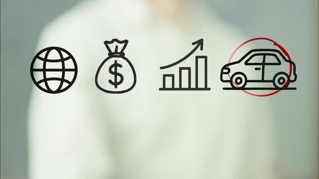 Businessman drawing icons representing world trade, money bag, increasing graph, and circling a car icon, possibly symbolizing rising import tariffs on vehicles