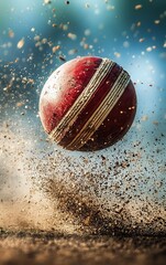 Close-up of a red cricket ball hitting the ground, scattering dirt and creating a dynamic action scene.