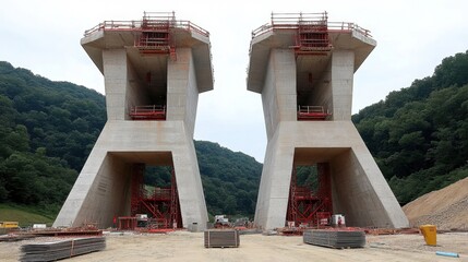 Wide-angle view of a rail bridge under construction with visible support columns and formwork