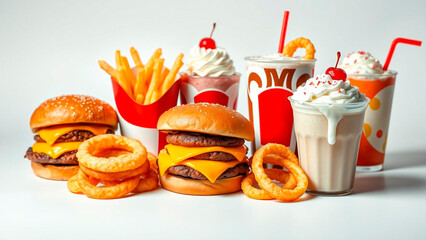 Delicious fast food feast: juicy burgers, crispy fries, onion rings, and creamy milkshakes on a clean, inviting white background.