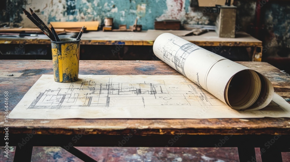 Poster workbench with spilled coffee, notes, and partially unrolled blueprint with edits