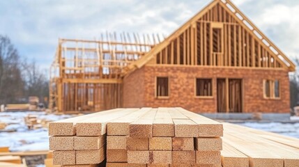 Wooden planks stacked in neat piles with visible wood grain and a construction site in the background