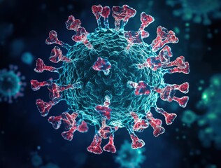 3D rendering of a coronavirus particle with spike proteins in a dark, abstract environment.