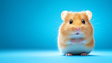 A small, fluffy hamster with golden-brown fur stands on its hind legs, looking curiously at the viewer against a bright blue backdrop, radiating charm and innocence in its expression