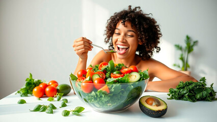 A smiling woman enjoys a vibrant salad, featuring fresh vegetables and greens, showcasing a healthy lifestyle and the joy of nutritious eating.