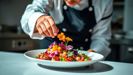 Chef delicately places edible flowers on a gourmet dish, enhancing its visual appeal and flavor profile in a professional kitchen setting.