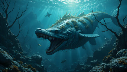 Fototapeta premium Underwater Creature with Sharp Teeth Swimming in Deep Ocean Scene