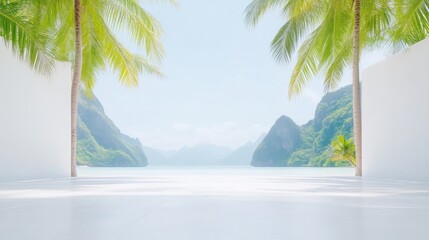 Two palm trees flank a white platform overlooking a tranquil ocean and lush green mountains. The scene is serene and bright, captured in high resolution with soft, natural light. The aesthetic is mi